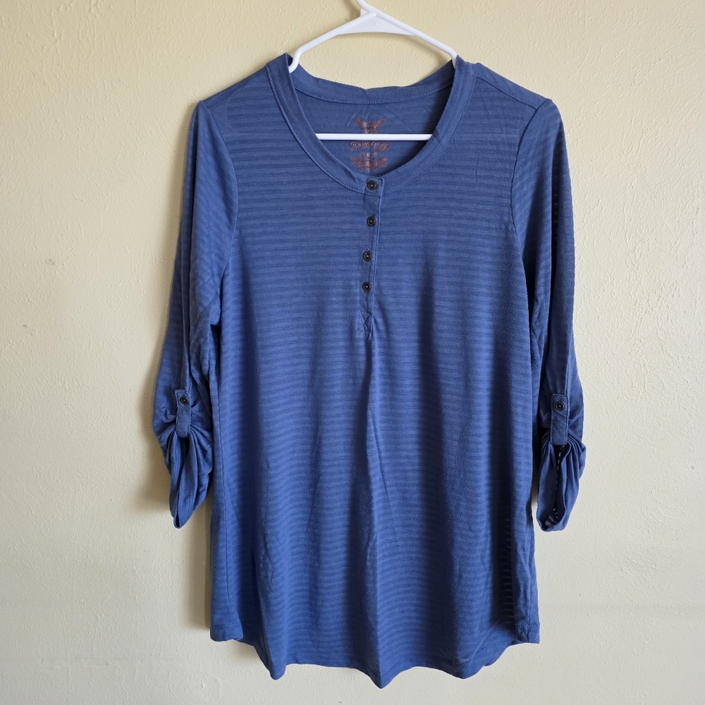 Faded Glory Striped ¾ Sleeve Tee Casual Lightweight Sheer Blue Gray